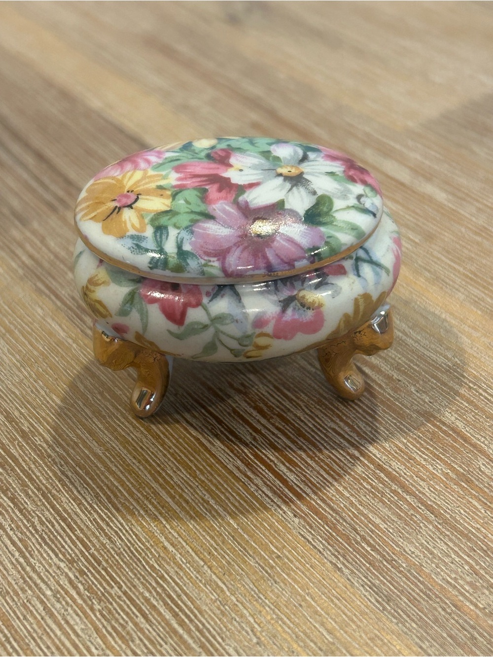 Vintage Floral Porcelain Trinket Box with Gold Accents - White, Pink & Yellow